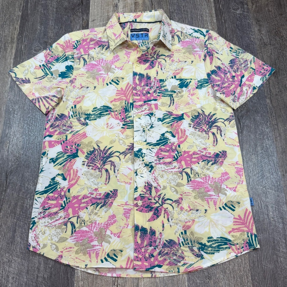 VSTR Mens Tropical Floral 4-Way Stretch Short Sleeve Button Down Shirt Yellow S